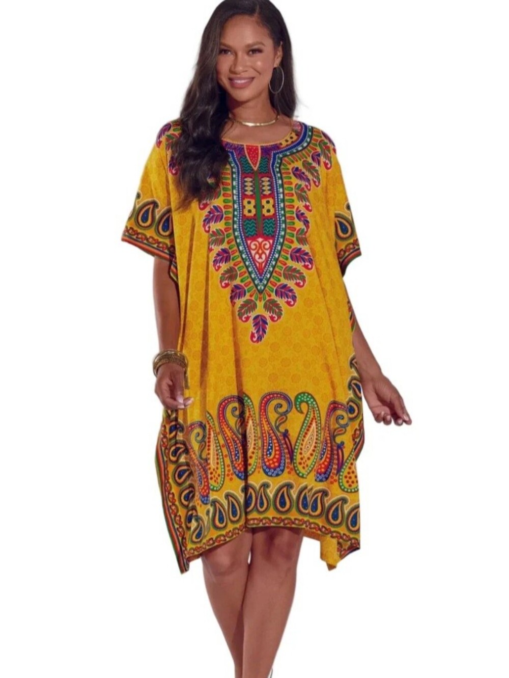 ESY Studio EY Yellow Tunic with Pink and Teal Geometric Print 100%polyester